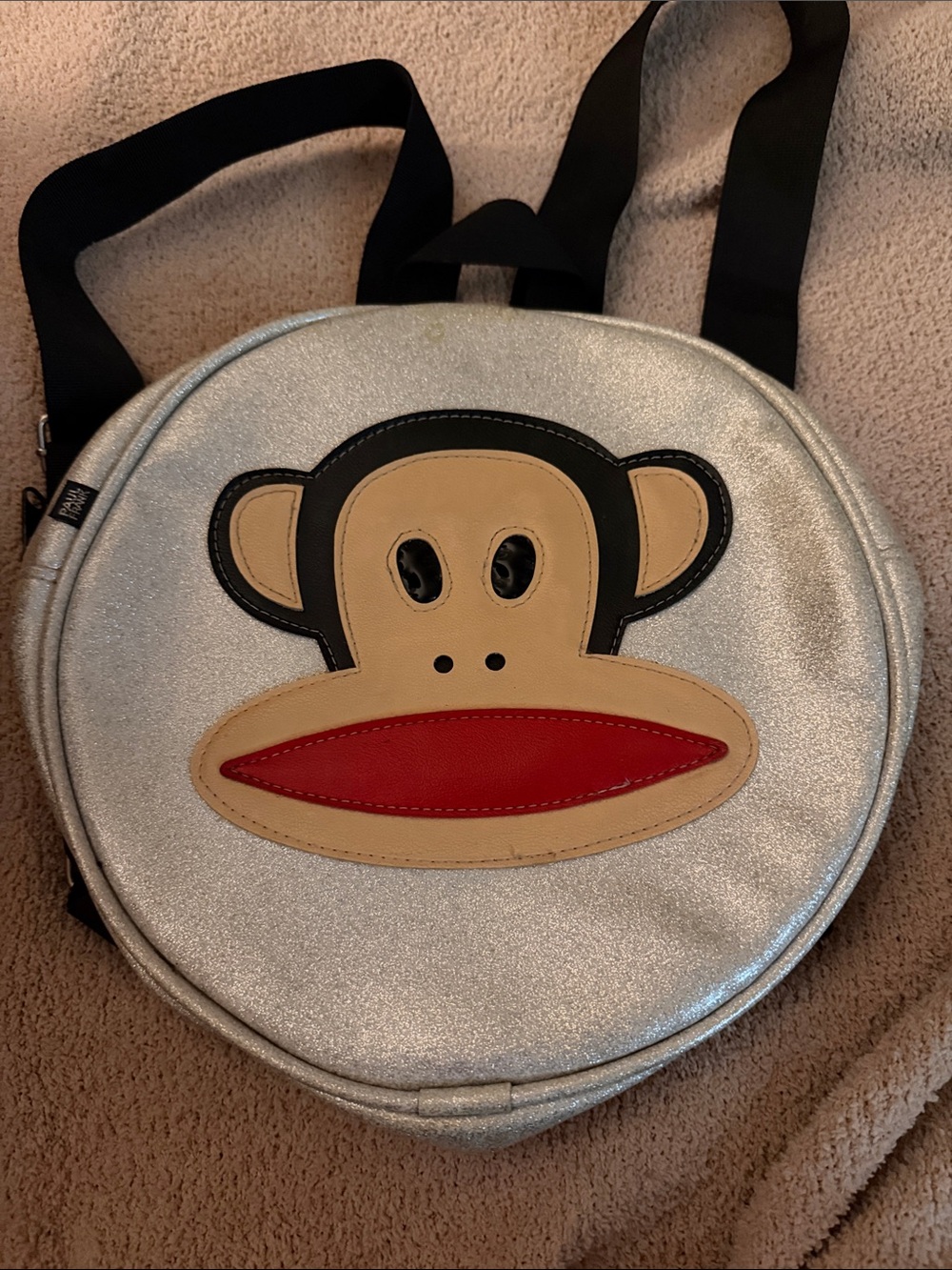 Paul Frank Metallic Silver Monkey Face Kids Backpack with Red Accent